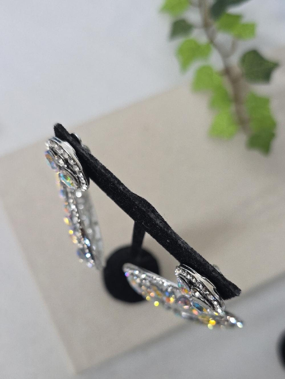 Silver AB Crystal Iridescent Rhinestone Double Circle Drop Clip On Earrings - Picture 8 of 11